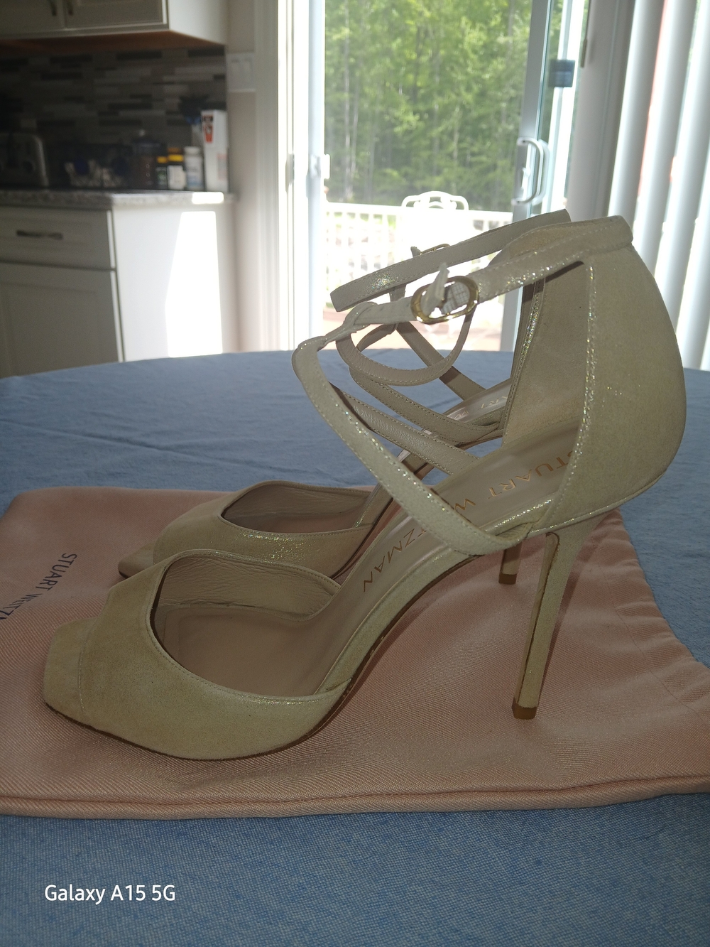 Stuart Weitzman Anastasia suede sandals in a neutral color with shimmer - Picture 2 of 5